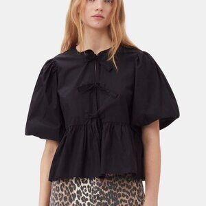 Ganni Cotton Poplin Peplum Tie Blouse Black